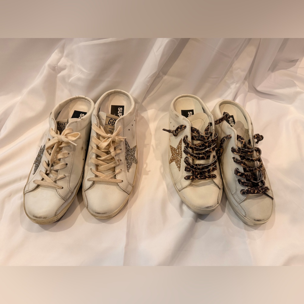 TWO Pairs of Golden Goose Cream Sneakers with Silver Glitter Star